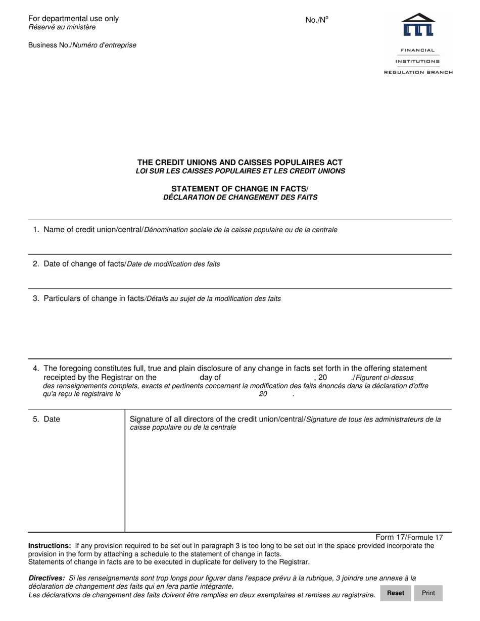 Form 17 Statement of Change in Facts - Credit Unions - Manitoba, Canada (English / French), Page 1