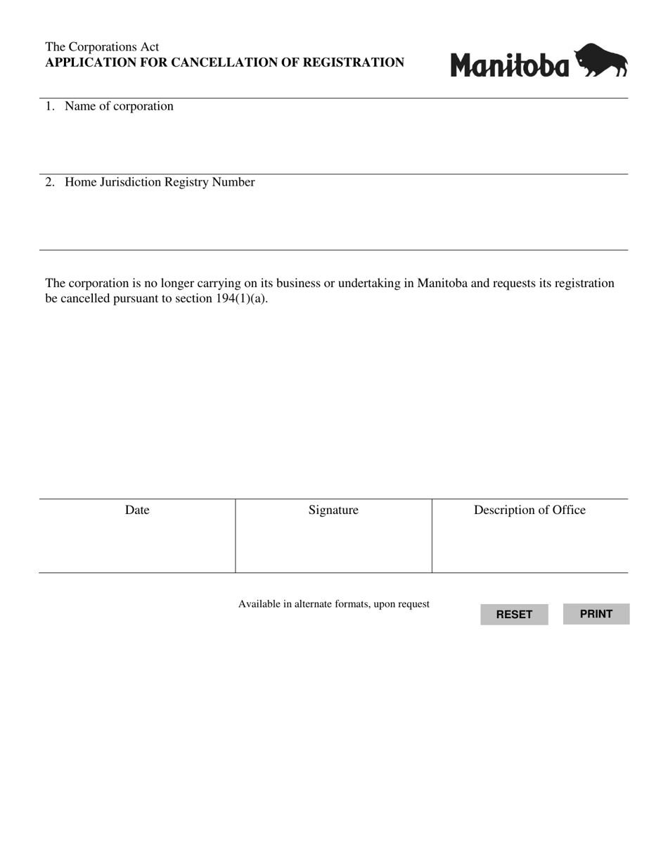 Manitoba Canada Application For Cancellation Of Registration Fill Out Sign Online And 7341