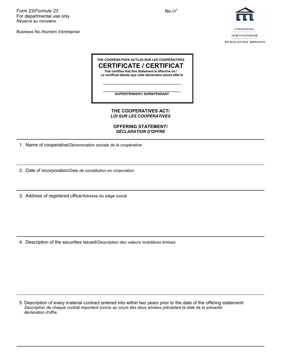 Form 23 Offering Statement - the Cooperatives Act - Manitoba, Canada (English / French), Page 1