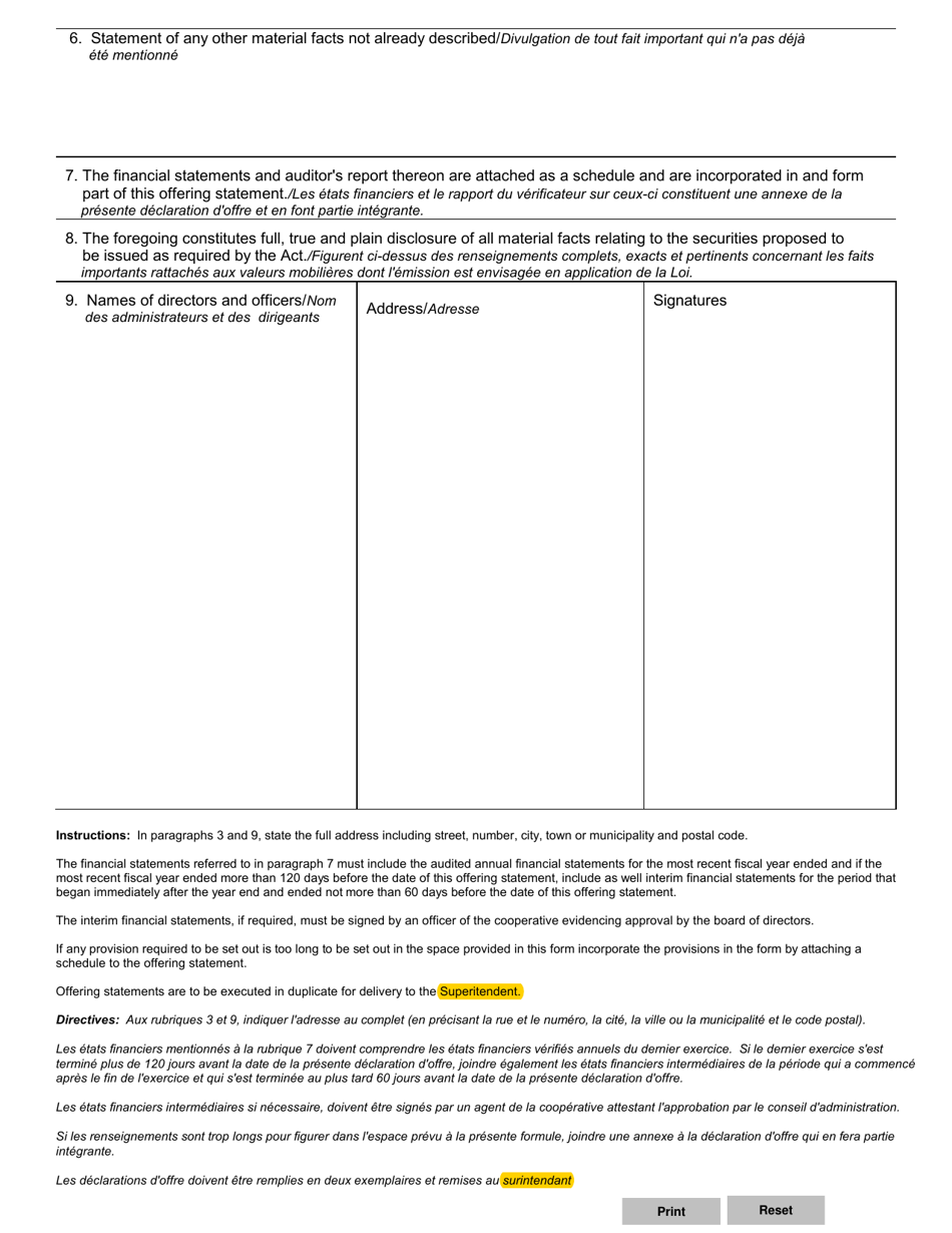 Form 23 Offering Statement - the Cooperatives Act - Manitoba, Canada (English / French), Page 2