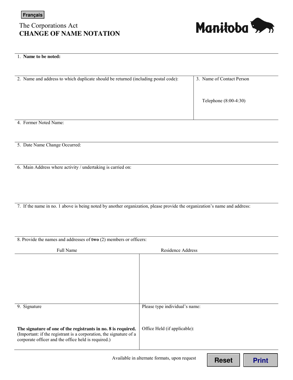 Manitoba Canada Change of Name Notation Fill Out, Sign Online and