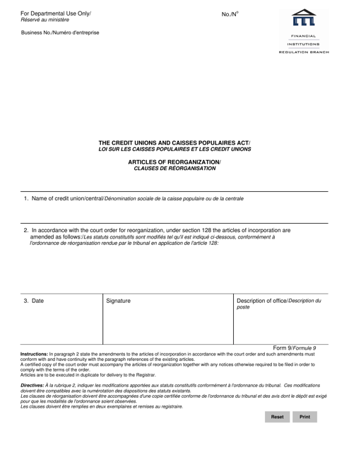 Form 9 Articles of Reorganization - Manitoba, Canada (English/French)