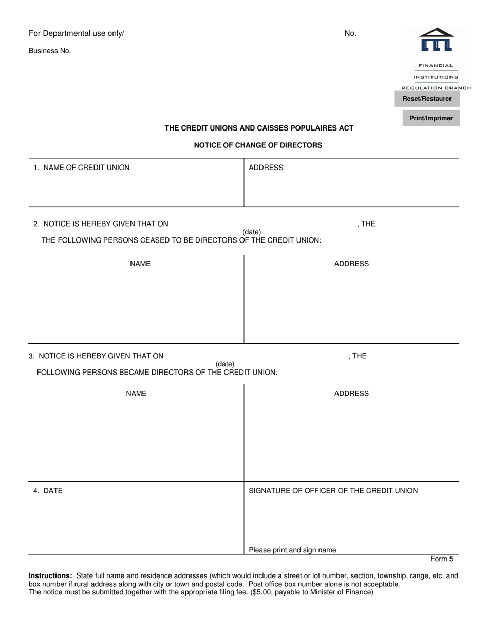 Form 5 Notice of Change of Directors - Manitoba, Canada (English / French), Page 1