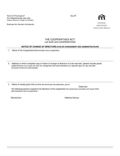 Form 21 Notice of Change of Directors - Manitoba, Canada (English/French)