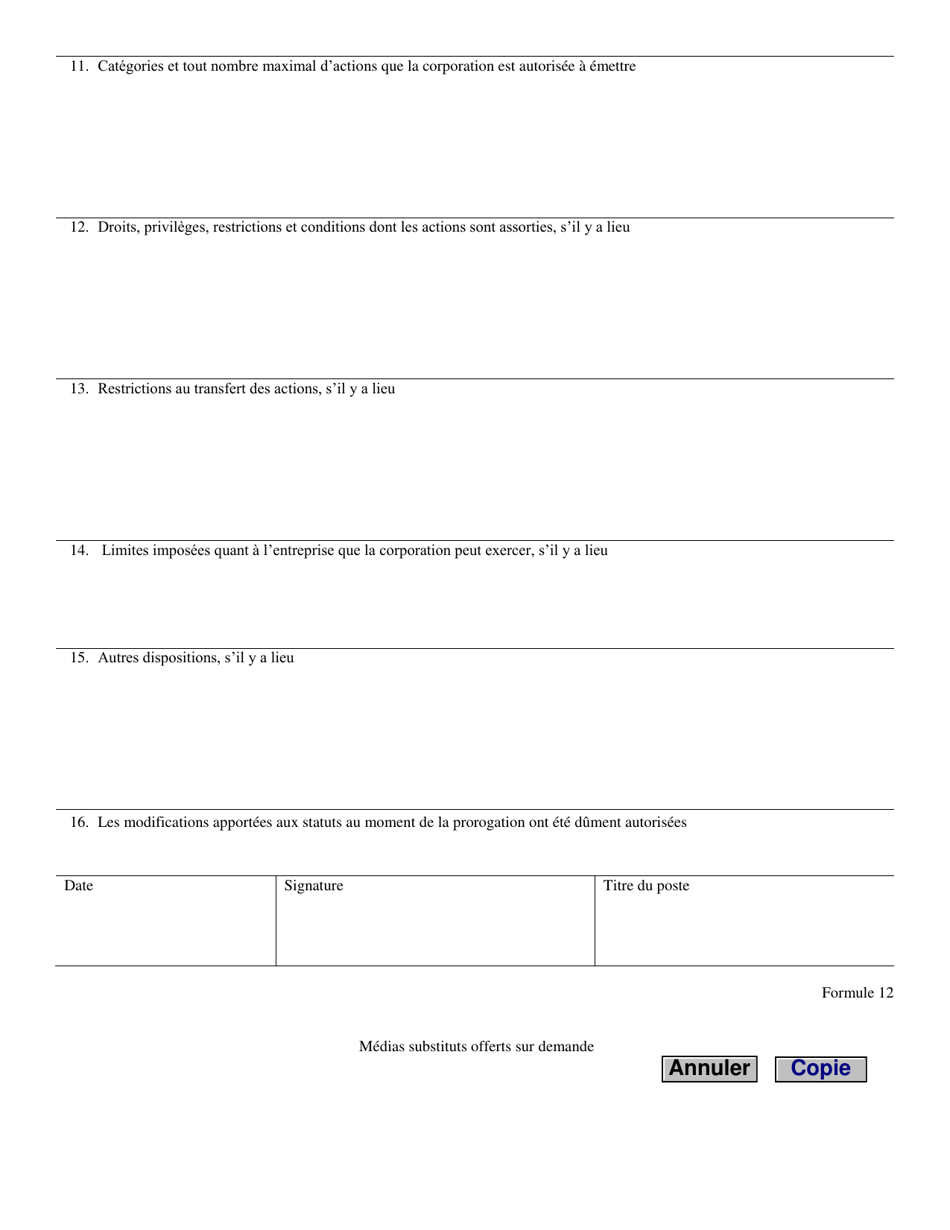 Forme 12 Clauses De Prorogation (Corporation Avec Capital-Actions) - Manitoba, Canada (French), Page 3