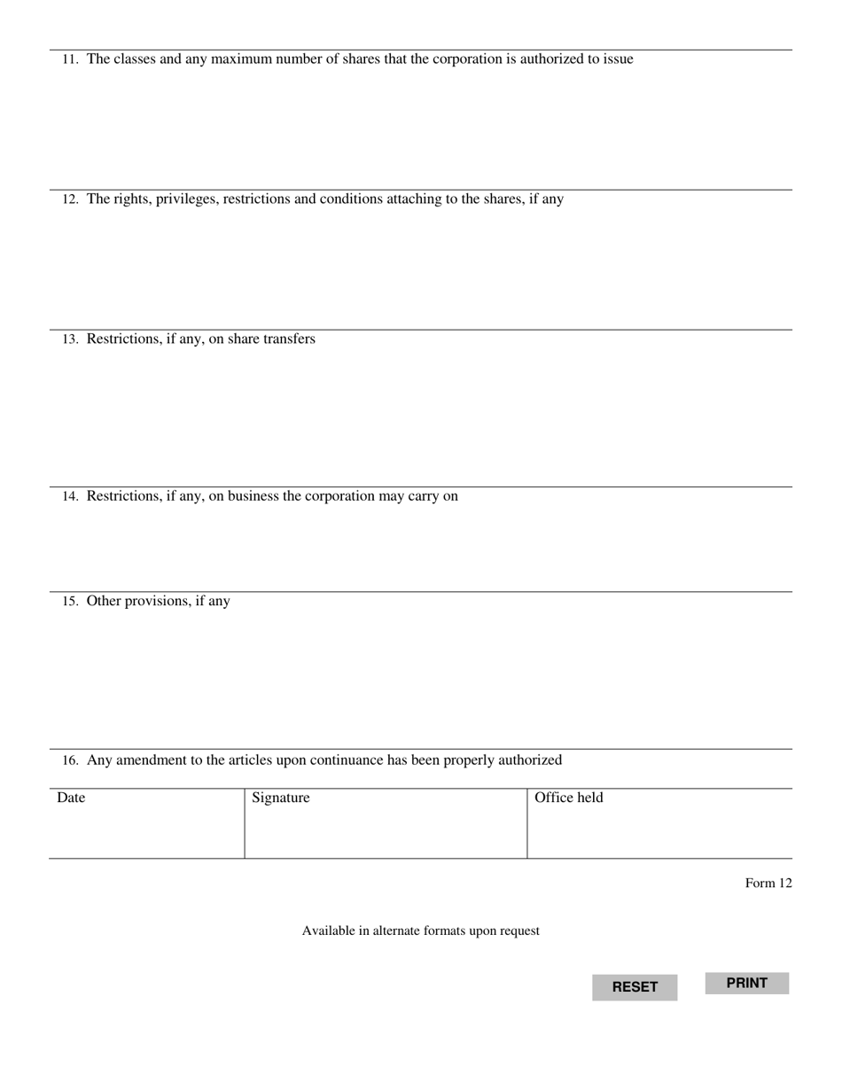 Form 12 Articles of Continuance (Share Capital) - Manitoba, Canada, Page 3