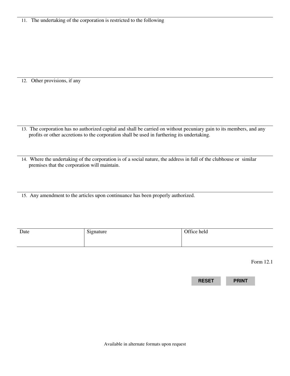 Form 12.1 Articles of Continuance (Without Share Capital) - Manitoba, Canada, Page 3