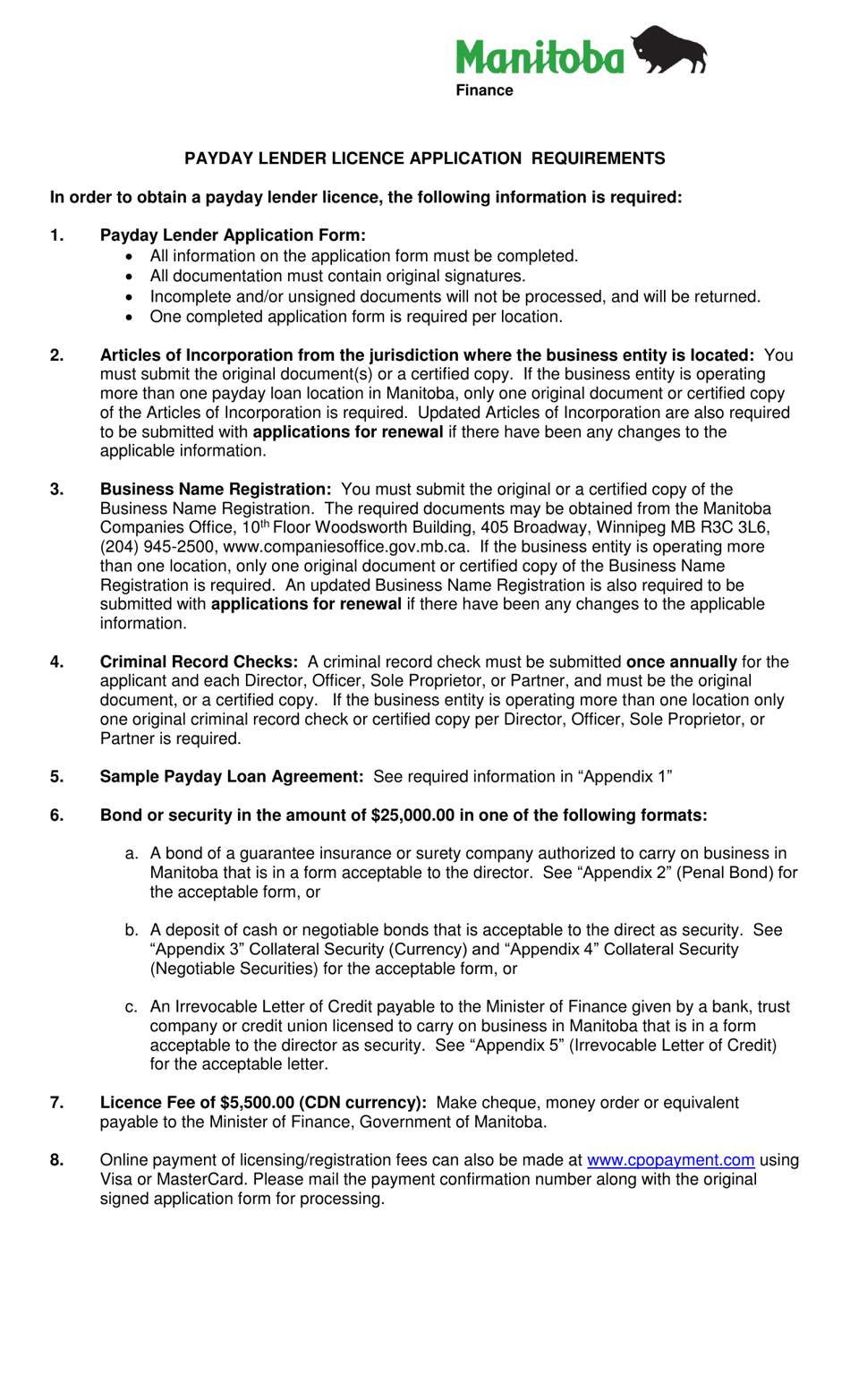 Application for a Licence as a Payday Lender - Manitoba, Canada, Page 1