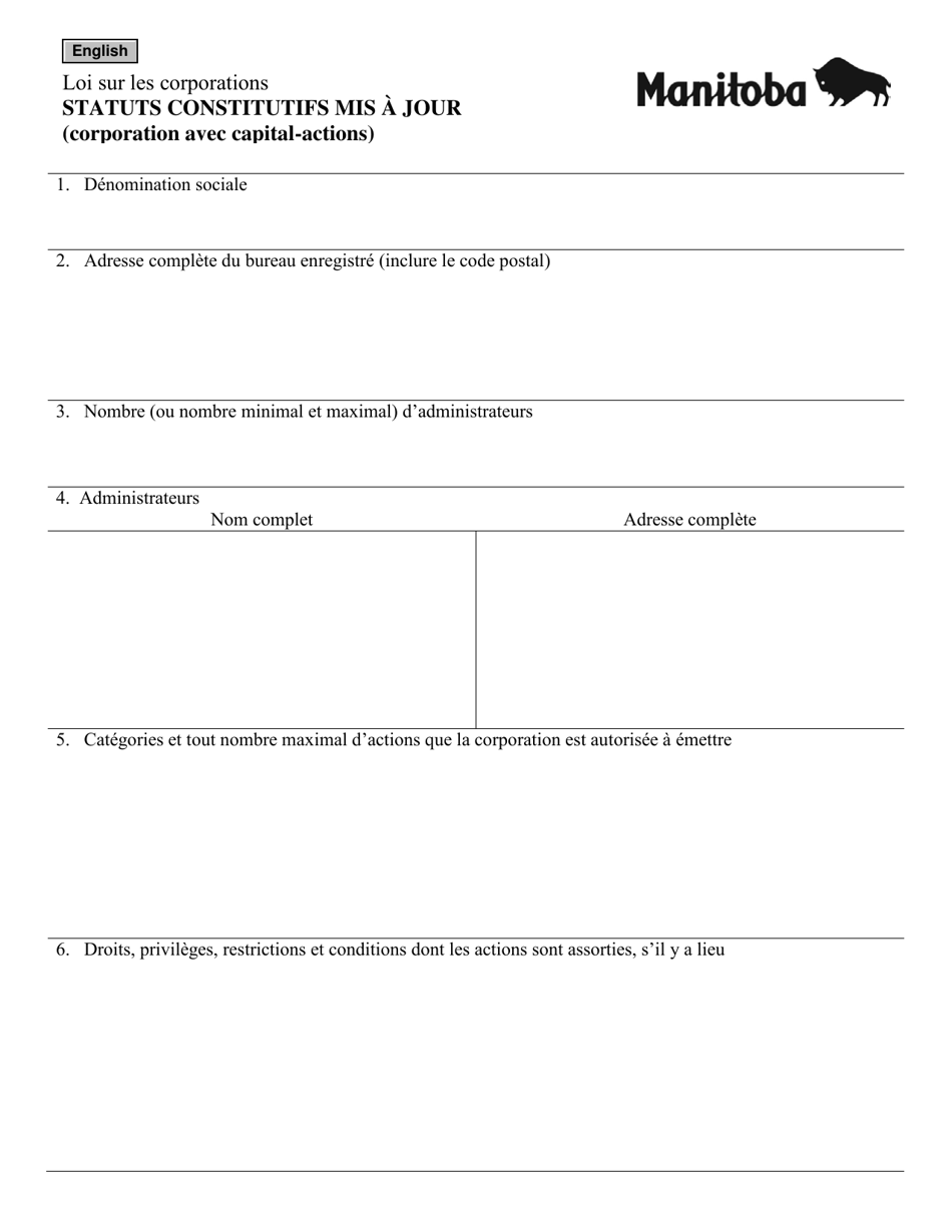 Forme 17 Statuts Constitutifs Mis a Jour (Corporation Avec Capital-Actions) - Manitoba, Canada (French), Page 2