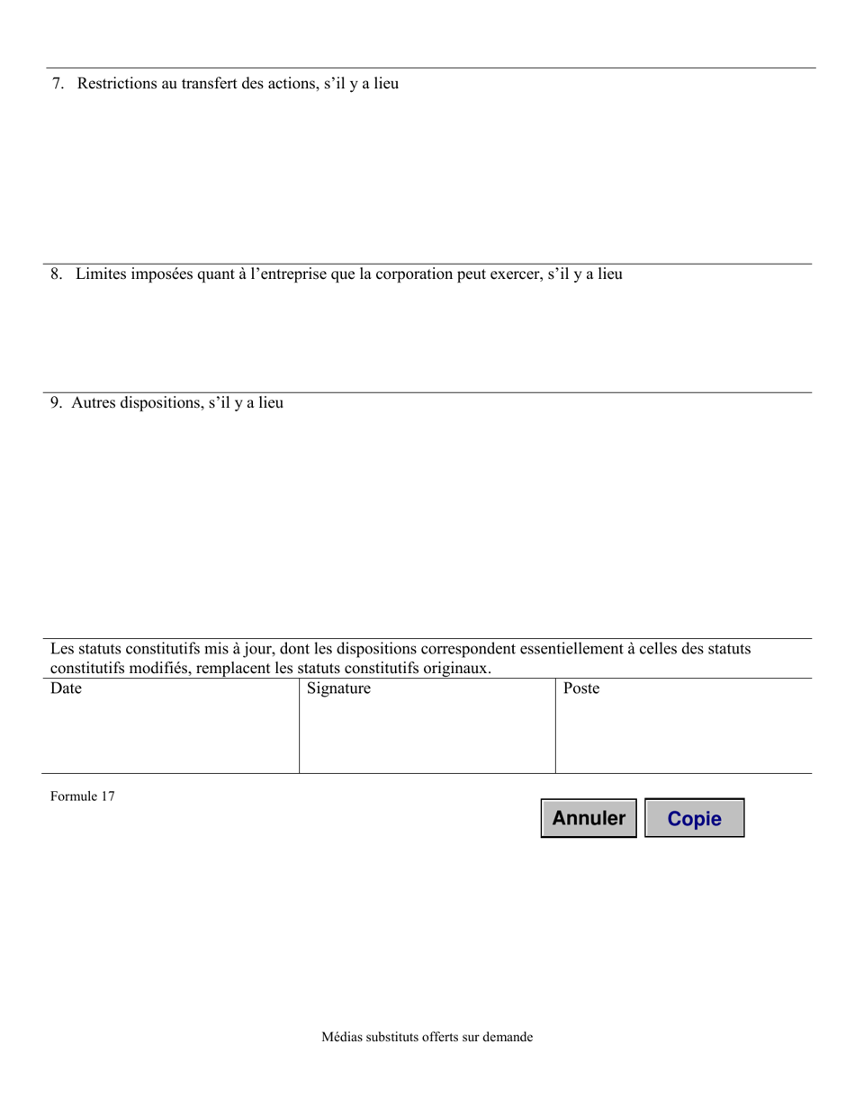 Forme 17 Statuts Constitutifs Mis a Jour (Corporation Avec Capital-Actions) - Manitoba, Canada (French), Page 3