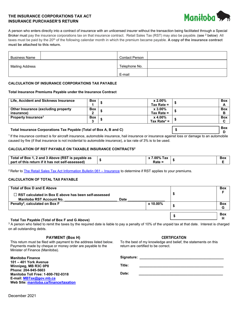 Insurance Purchasers Return - Manitoba, Canada, Page 1