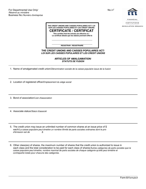 Form 8 Articles of Amalgamation - Credit Unions - Manitoba, Canada (English/French)