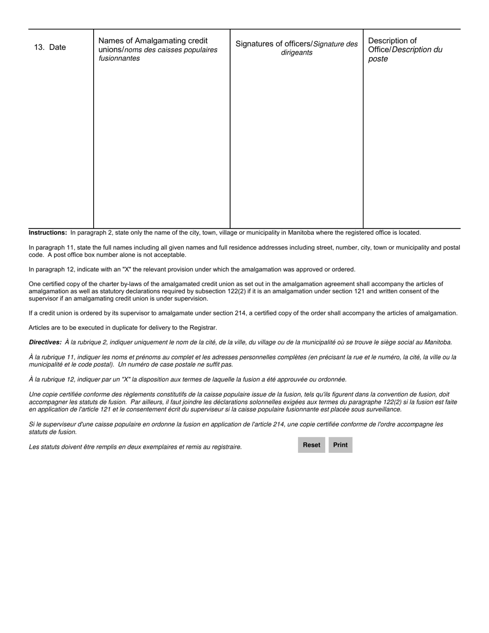Form 8 Articles of Amalgamation - Credit Unions - Manitoba, Canada (English / French), Page 5