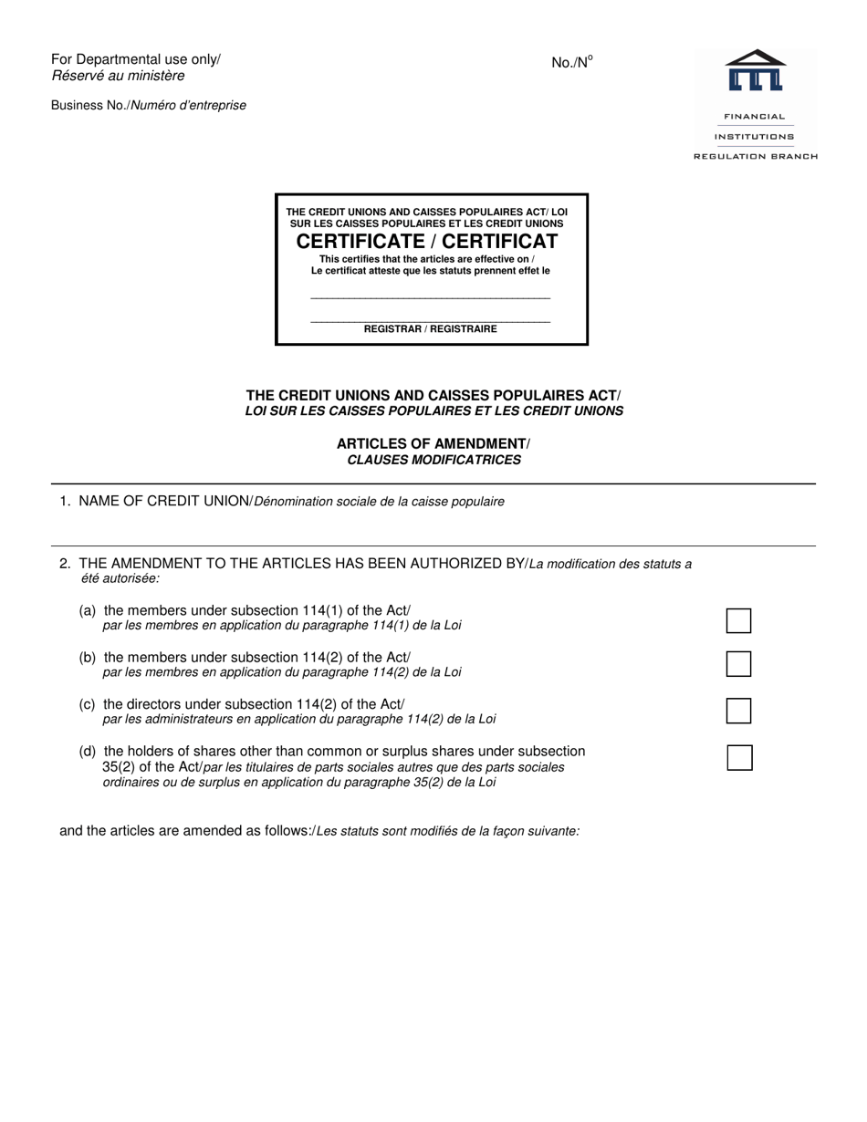 Form 6 Articles of Amendment - Manitoba, Canada (English / French), Page 1