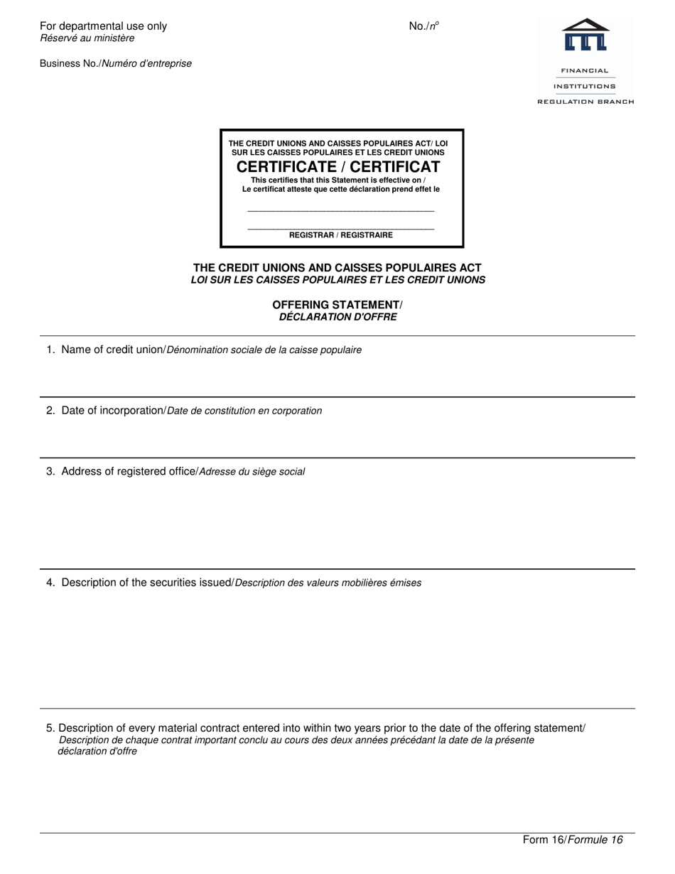 Form 16 Offering Statement - Manitoba, Canada (English / French), Page 1