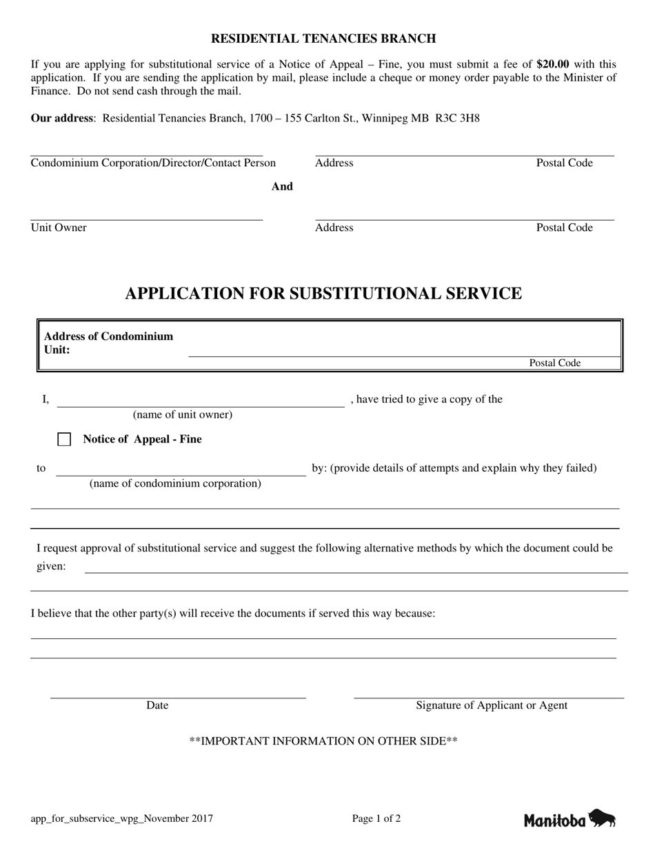 Application for Substitutional Service - Manitoba, Canada, Page 1
