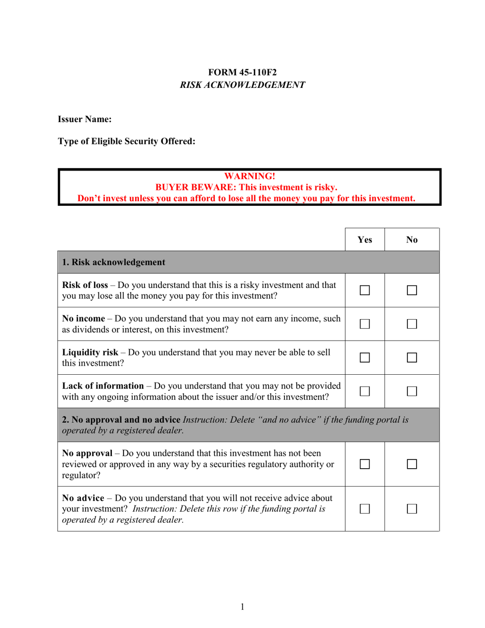 Form 45-110F2 Risk Acknowledgement - British Columbia, Canada, Page 1