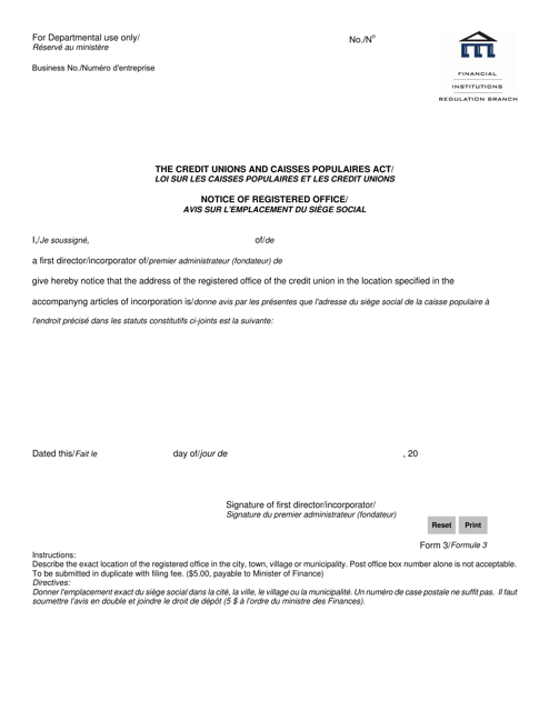 Form 3 Notice of Registered Office - Credit Unions - Manitoba, Canada (English/French)