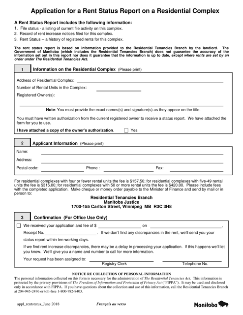 Application for a Rent Status Report on a Residential Complex - Manitoba, Canada