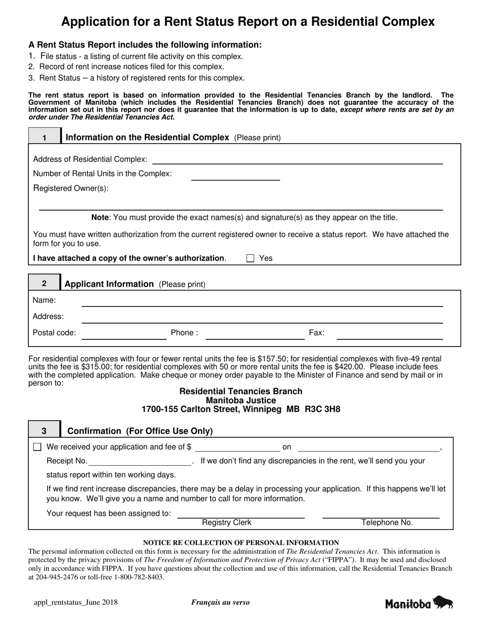 Manitoba Canada Application for a Rent Status Report on a Residential