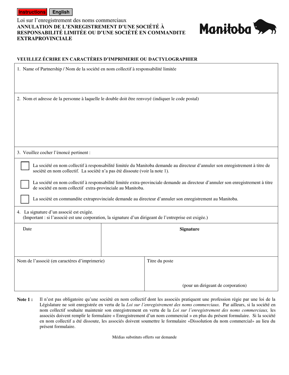 Annulation De Lenregistrement Dune Societe a Responsabilite Limitee Ou Dune Societe En Commandite Extraprovinciale - Manitoba, Canada (French), Page 2