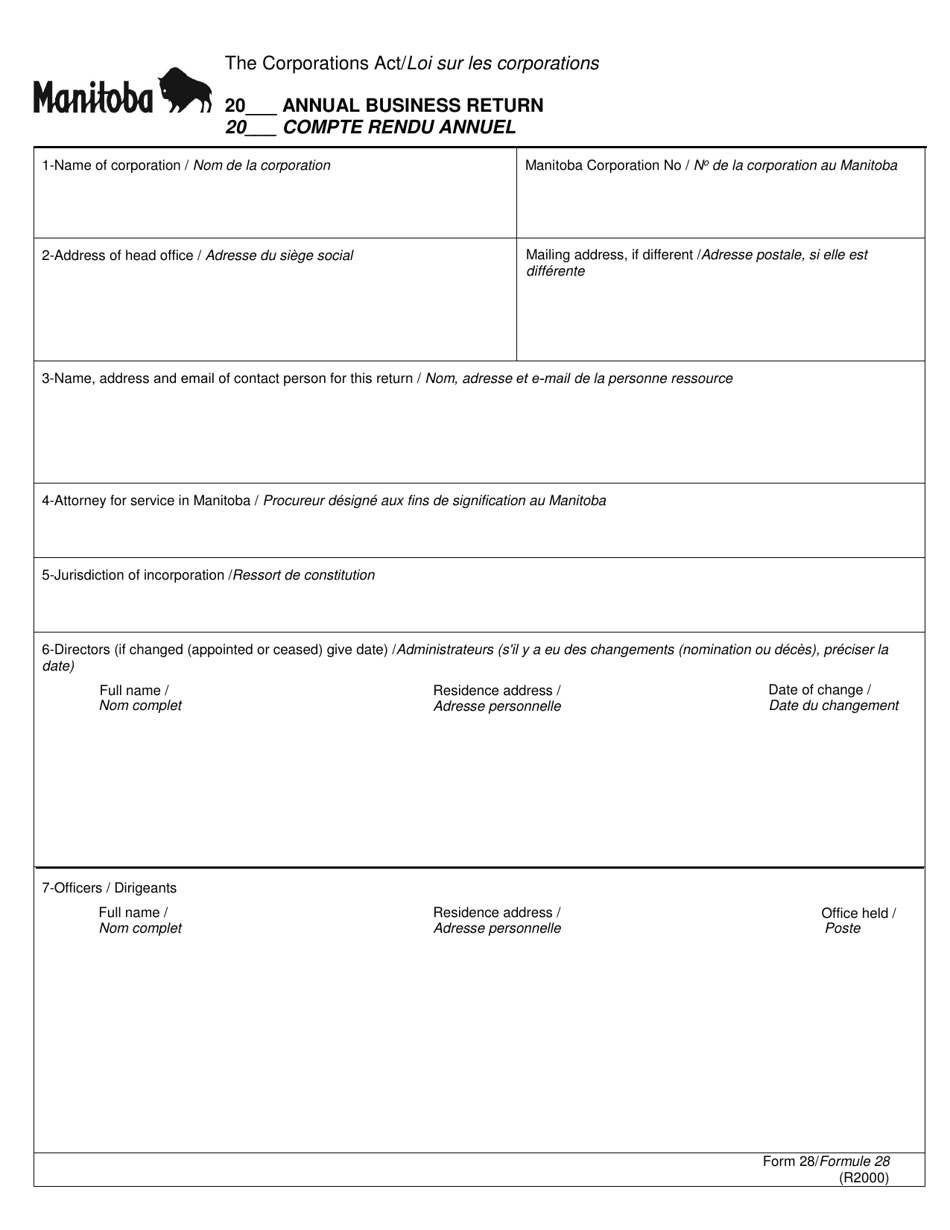 Form 28 Annual Business Return - Manitoba, Canada (English / French), Page 1