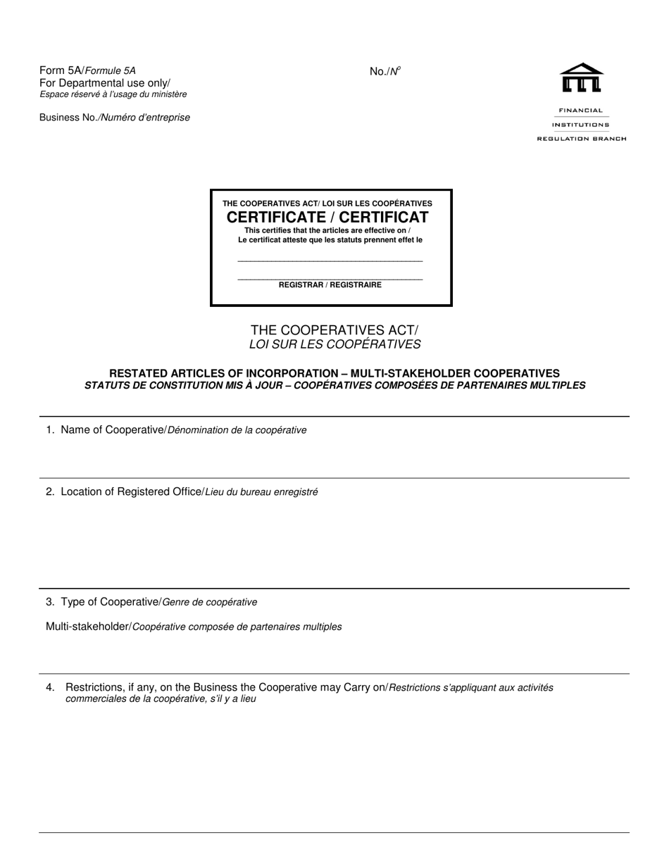 Form 5A Restated Articles of Incorporation - Multi-Stakeholder Cooperatives - Manitoba, Canada (English / French), Page 1