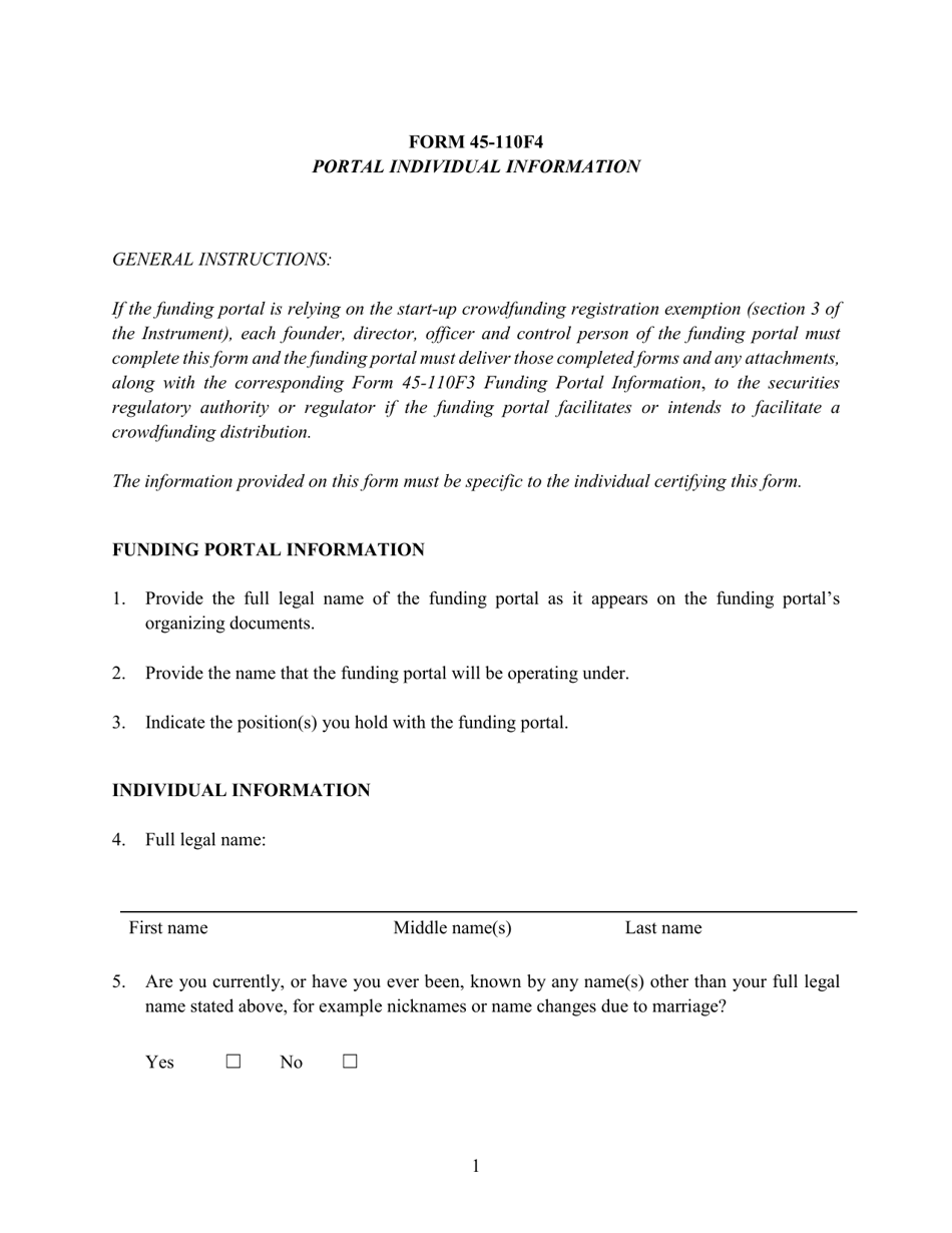 Form 45-110F4 Portal Individual Information - British Columbia, Canada, Page 1