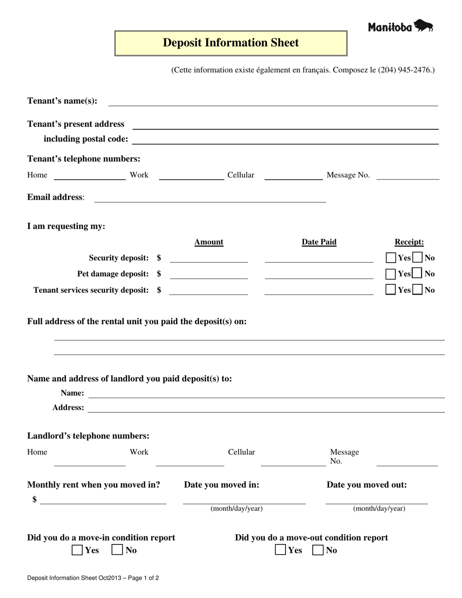 Deposit Information Sheet - Manitoba, Canada, Page 1
