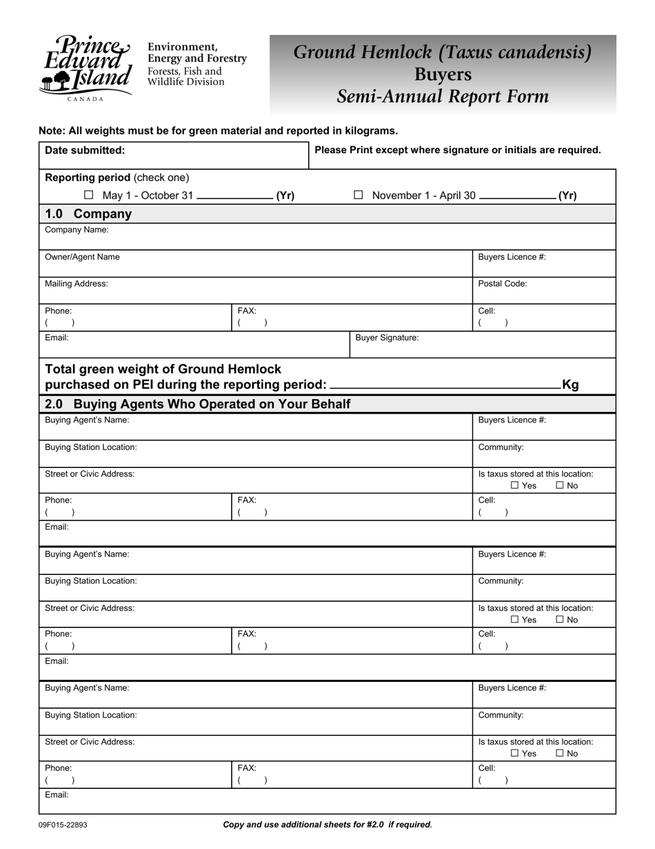 Form 09F015-22893 Ground Hemlock (Taxus Canadensis) Buyers Semi-annual Report Form - Prince Edward Island, Canada, Page 1