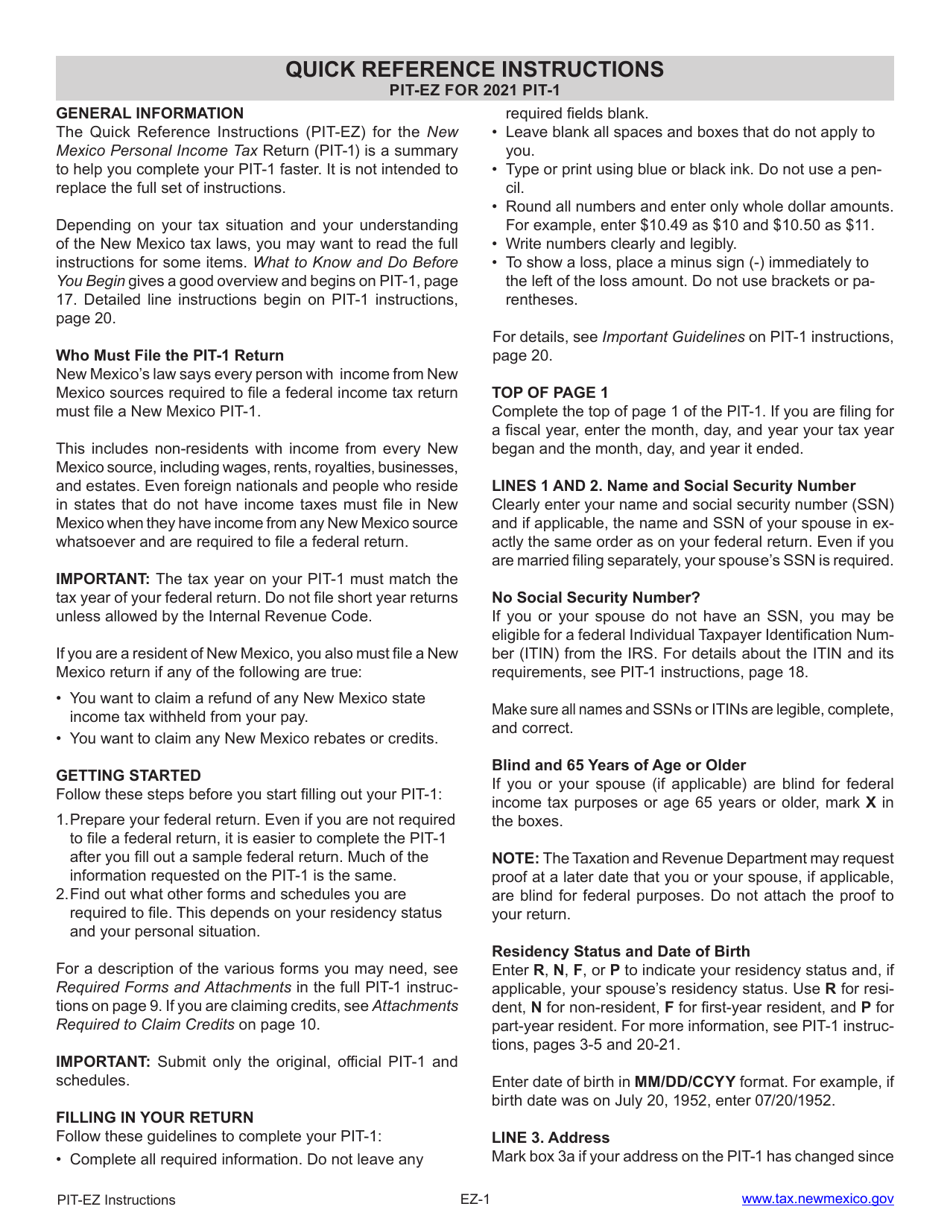 Form PIT-EZ - 2021 - Fill Out, Sign Online and Download Printable PDF, New Mexico | Templateroller