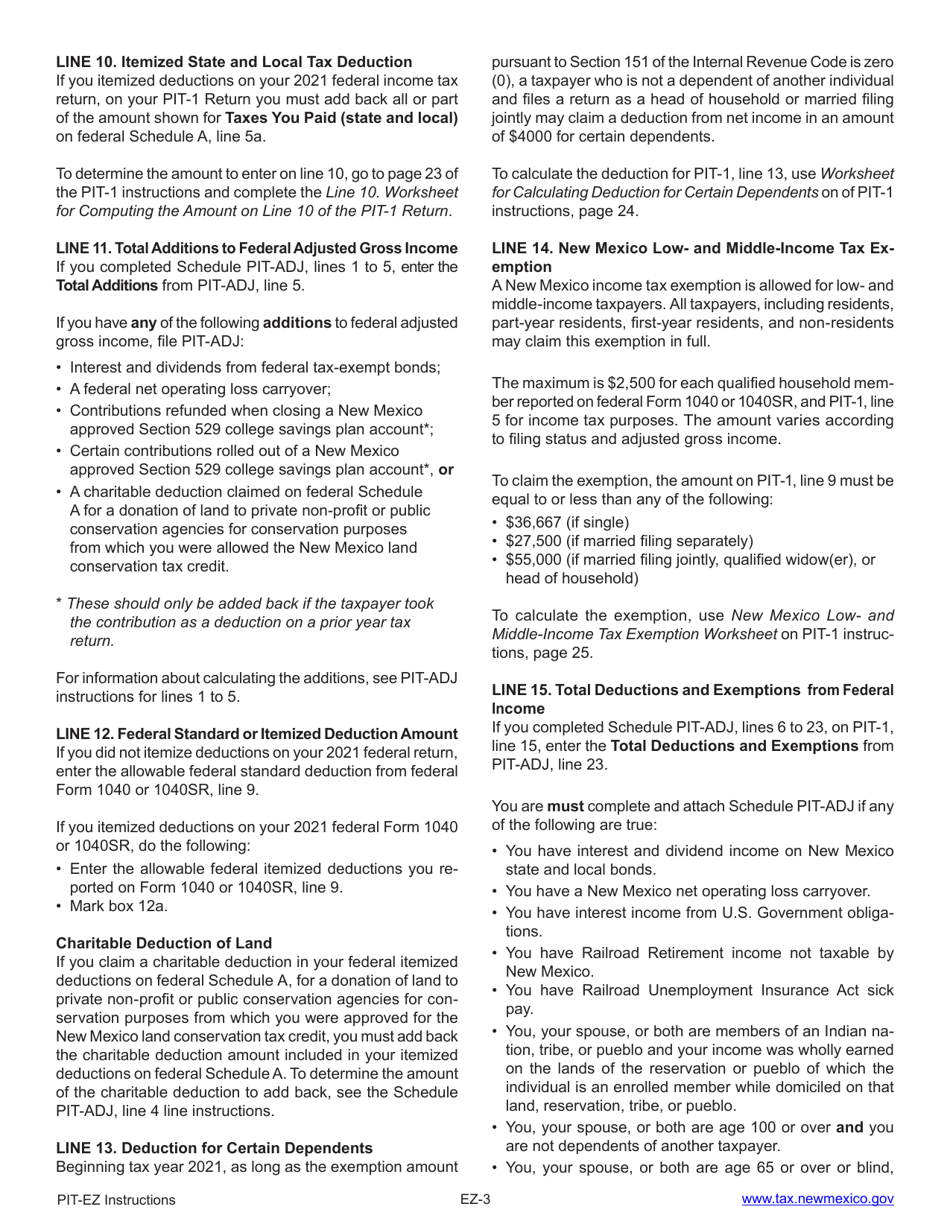 Form PIT-EZ Quick Reference Instructions for New Mexico Personal Income Tax Return - New Mexico, Page 3