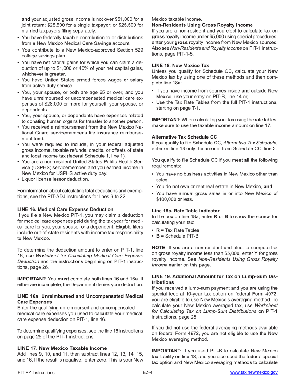 Form PIT-EZ Quick Reference Instructions for New Mexico Personal Income Tax Return - New Mexico, Page 4