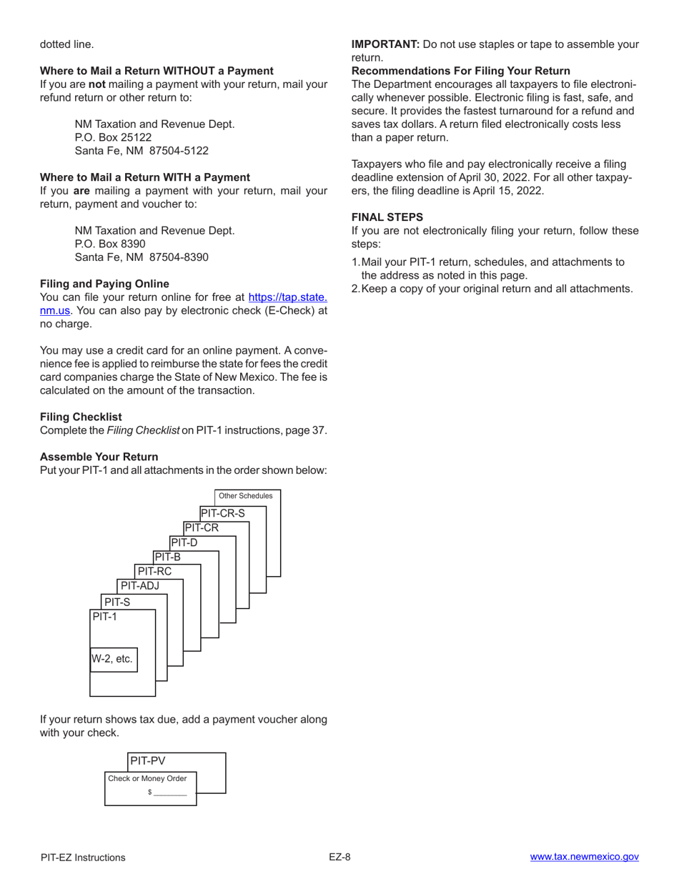 Form PIT-EZ Quick Reference Instructions for New Mexico Personal Income Tax Return - New Mexico, Page 8