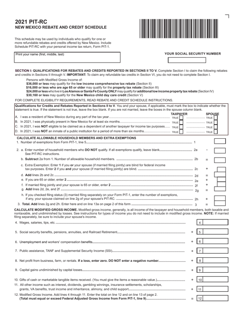 Form PIT-RC New Mexico Rebate and Credit Schedule - New Mexico, 2021