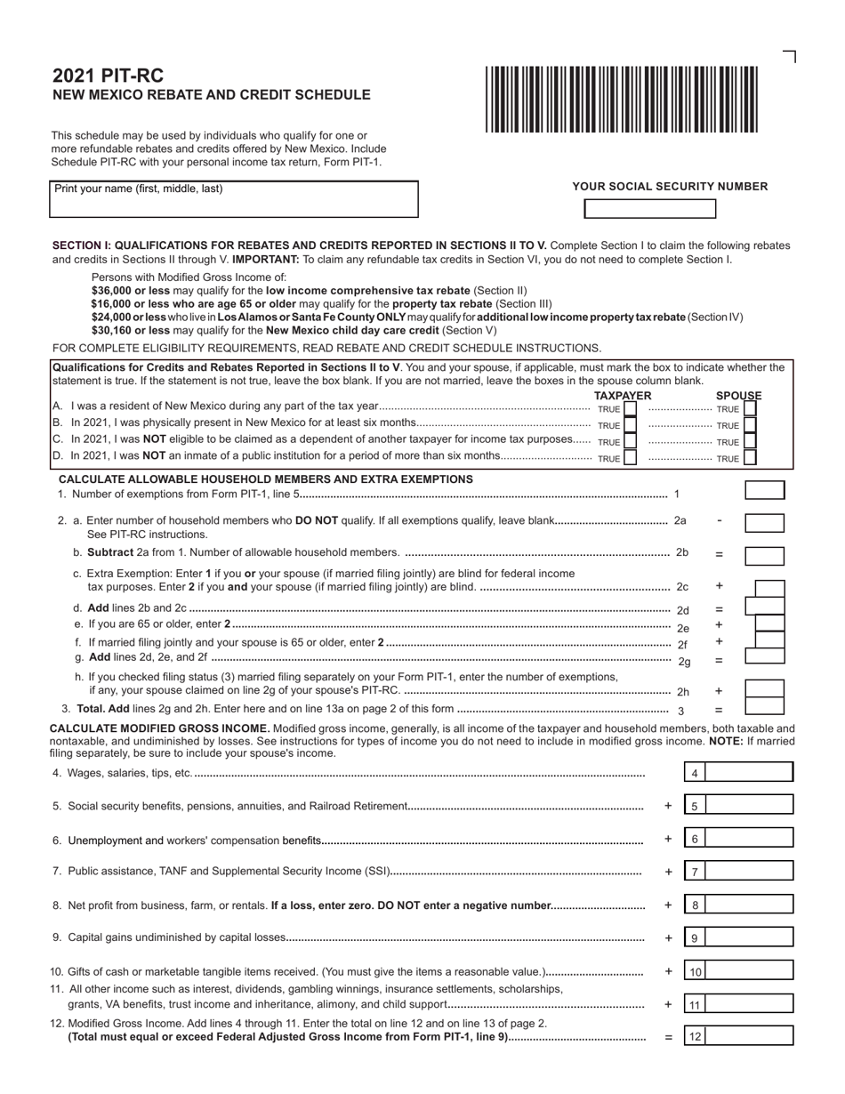 Form PIT-RC New Mexico Rebate and Credit Schedule - New Mexico, Page 1