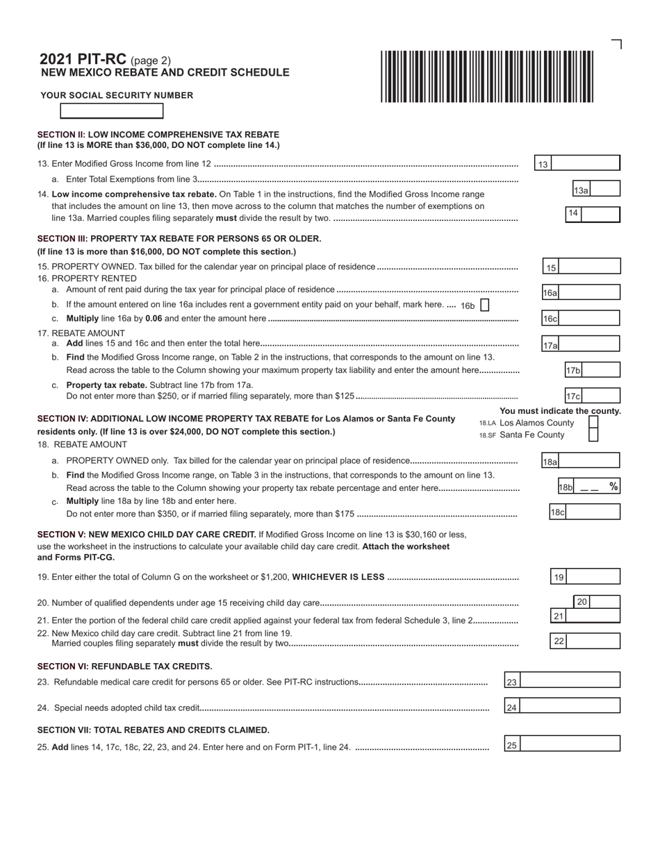 Form PIT-RC New Mexico Rebate and Credit Schedule - New Mexico, Page 2