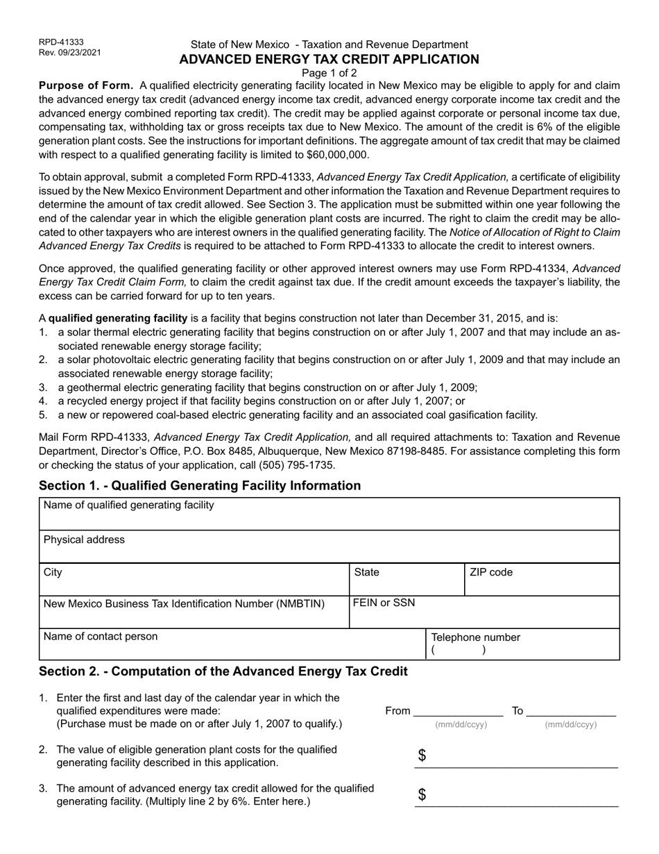 Form RPD-41333 Advanced Energy Tax Credit Application - New Mexico, Page 1