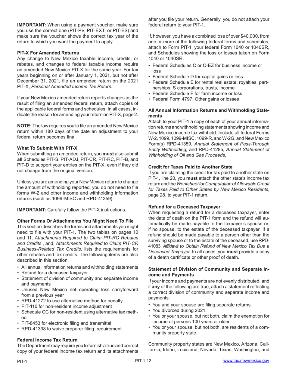Instructions for Form PIT-1 New Mexico Personal Income Tax Return - New Mexico, Page 12