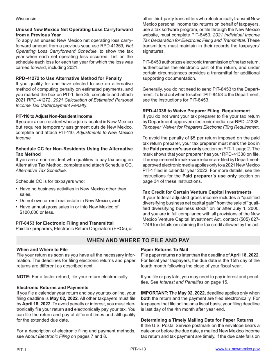 Instructions for Form PIT-1 New Mexico Personal Income Tax Return - New Mexico, Page 13