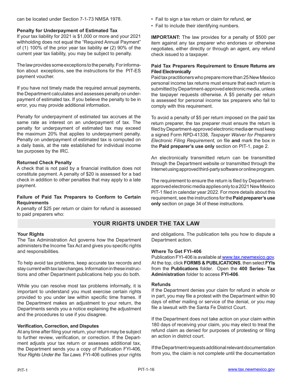 Instructions for Form PIT-1 New Mexico Personal Income Tax Return - New Mexico, Page 16