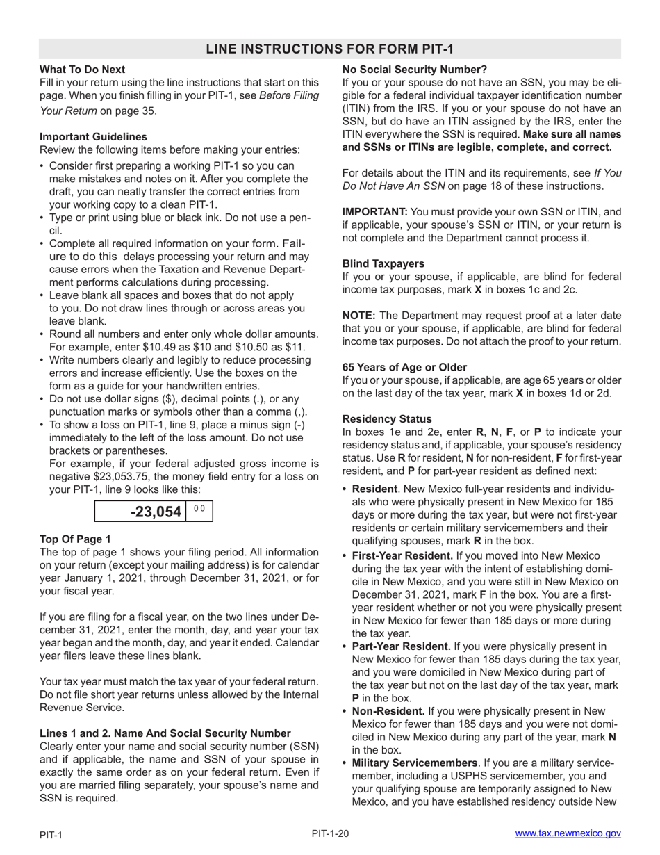 Download Instructions for Form PIT1 New Mexico Personal Tax