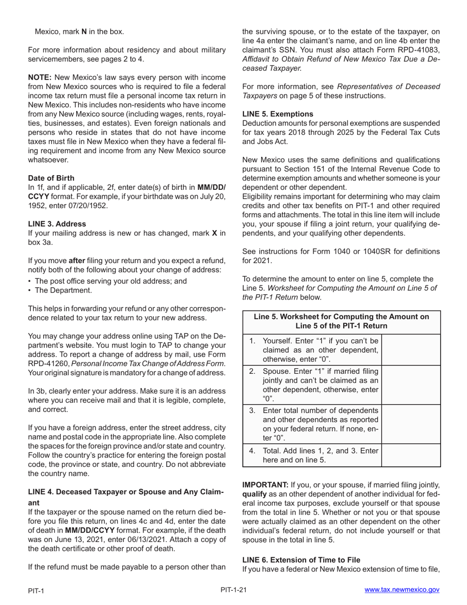 Download Instructions for Form PIT-1 New Mexico Personal Income Tax ...