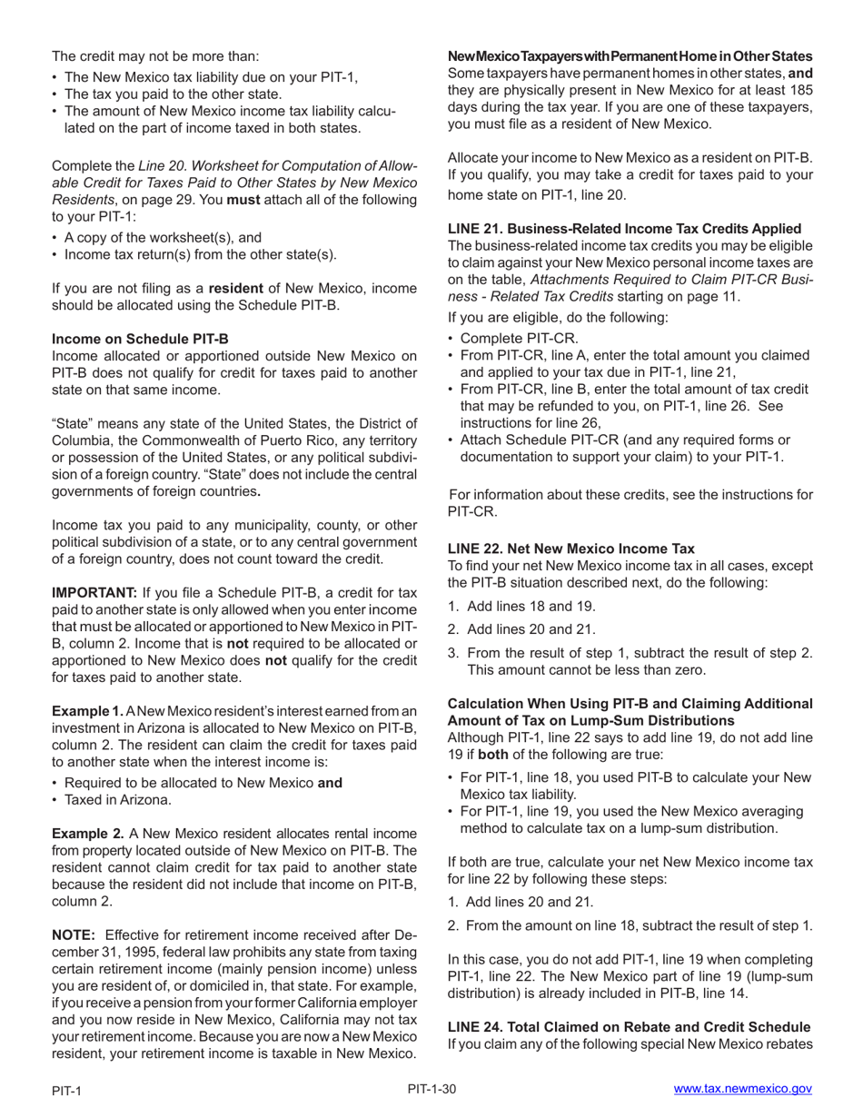 Instructions for Form PIT-1 New Mexico Personal Income Tax Return - New Mexico, Page 30
