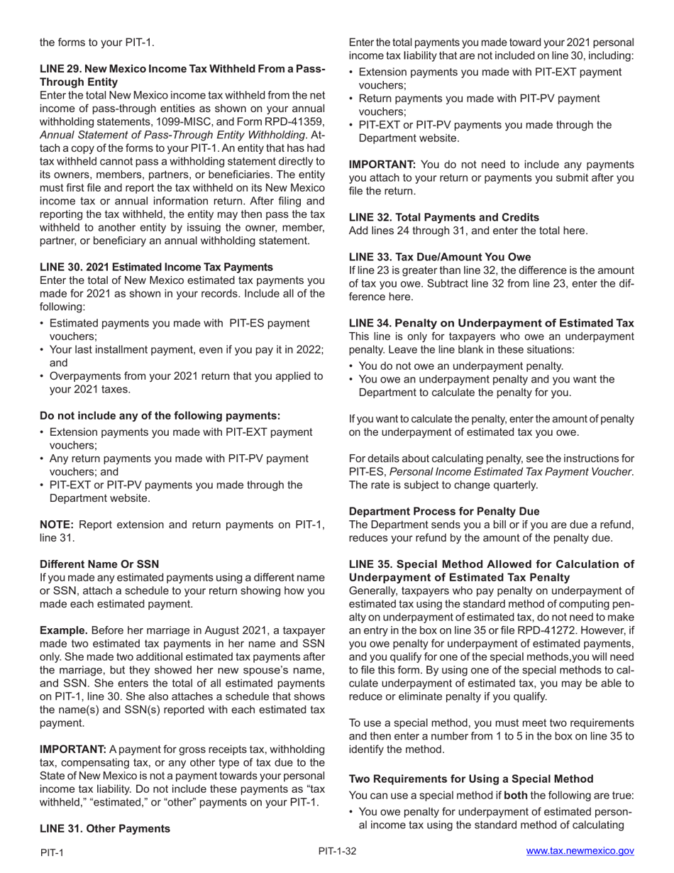 Instructions for Form PIT-1 New Mexico Personal Income Tax Return - New Mexico, Page 32