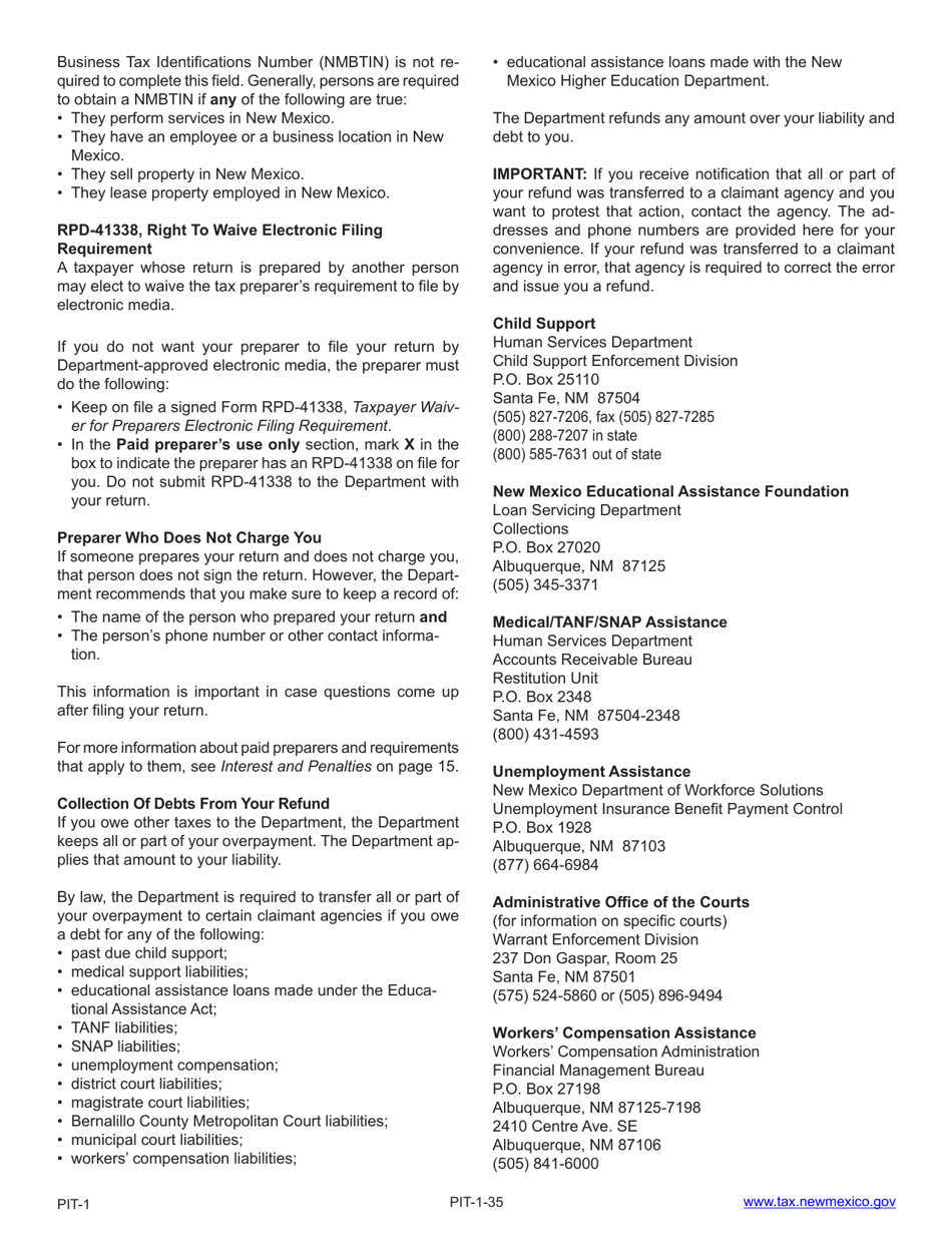 Instructions for Form PIT-1 New Mexico Personal Income Tax Return - New Mexico, Page 35