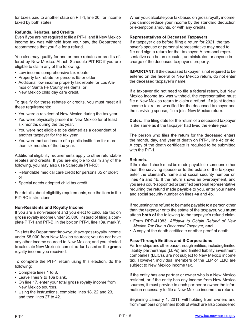 Instructions for Form PIT-1 New Mexico Personal Income Tax Return - New Mexico, Page 5