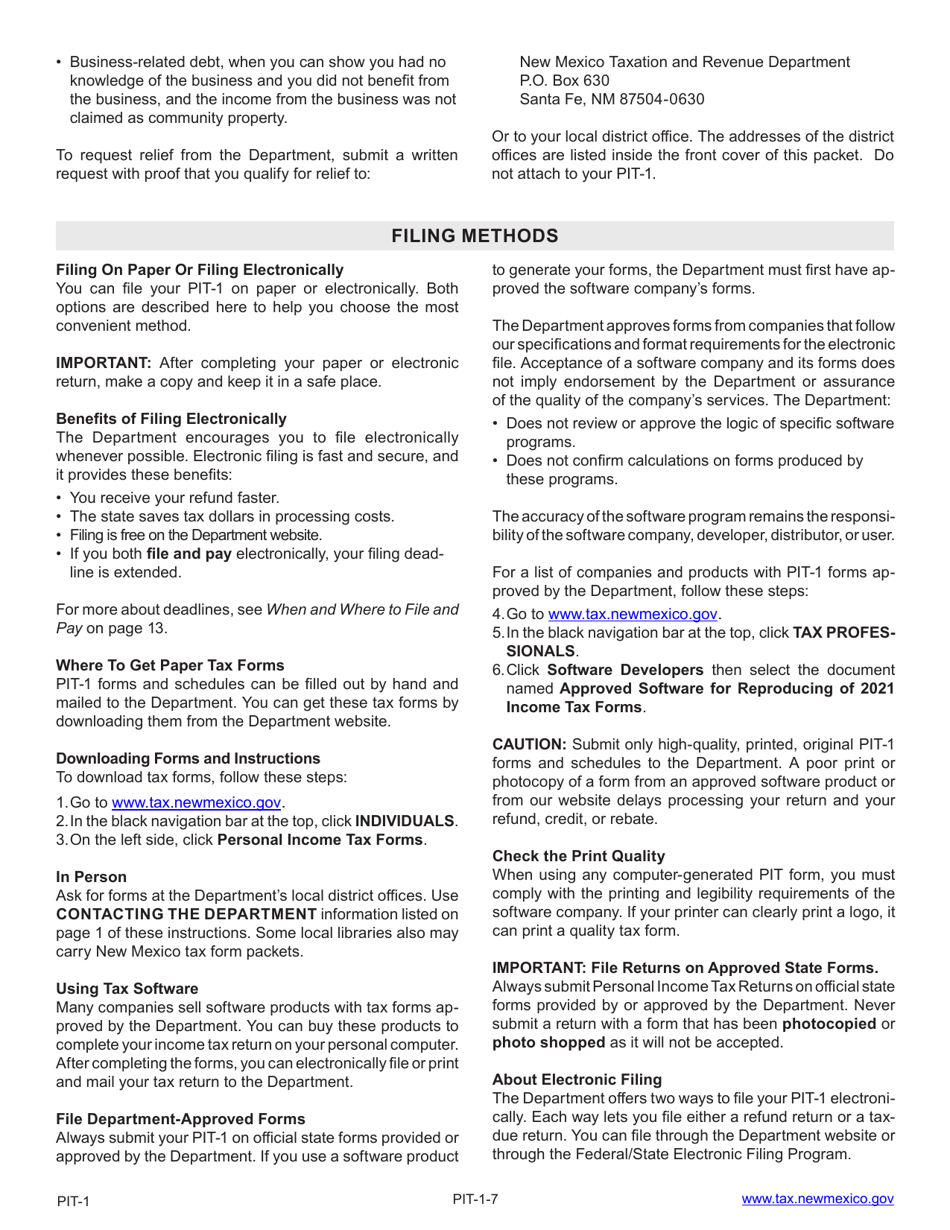 Instructions for Form PIT-1 New Mexico Personal Income Tax Return - New Mexico, Page 7
