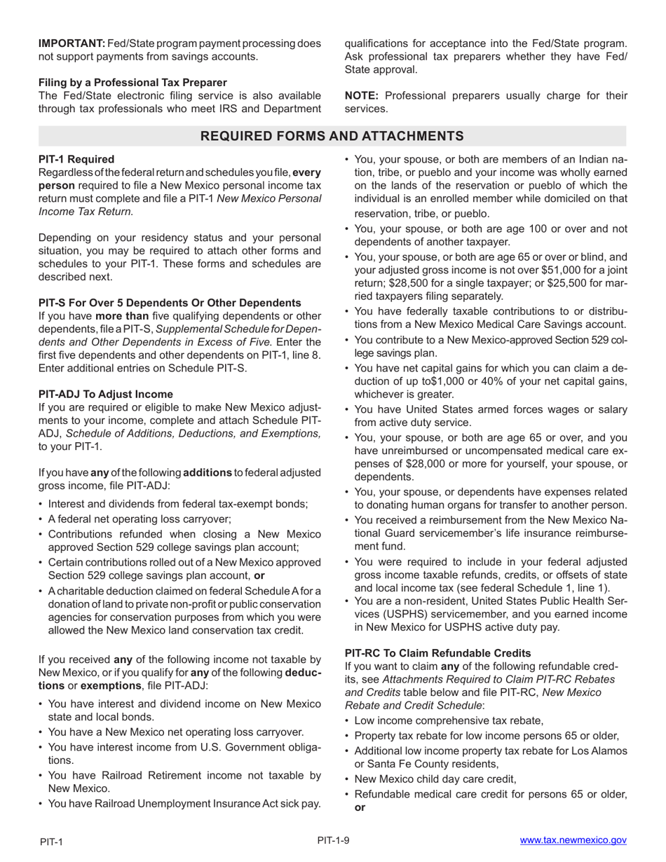 Instructions for Form PIT-1 New Mexico Personal Income Tax Return - New Mexico, Page 9