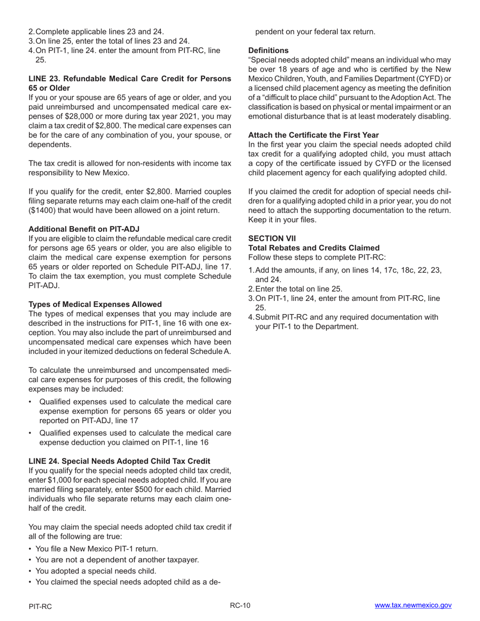 Instructions for Form PIT-RC New Mexico Rebate and Credit Schedule - New Mexico, Page 10